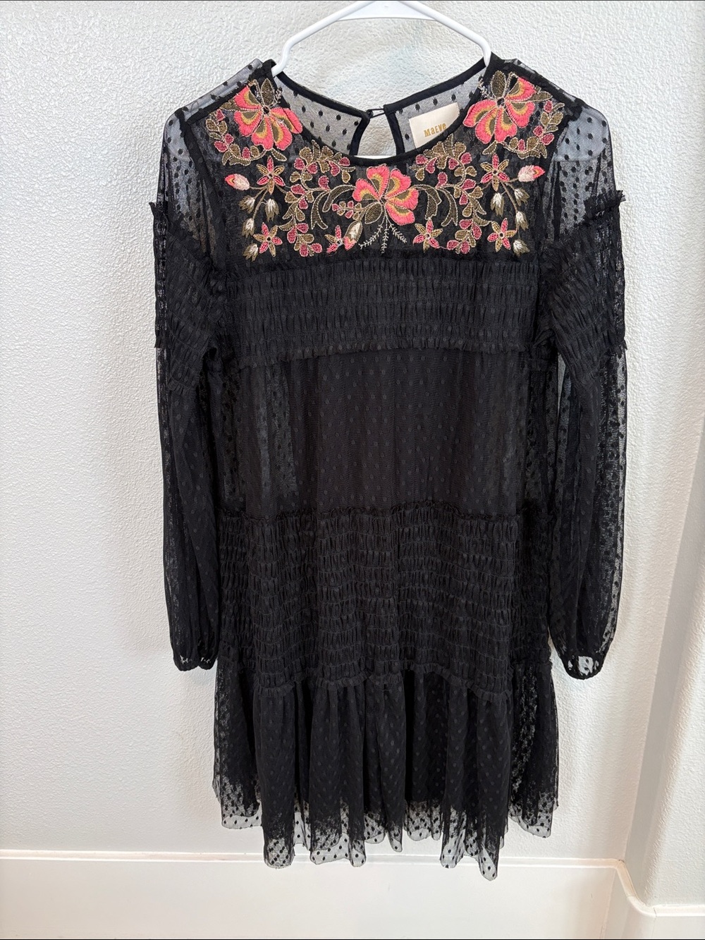 Anthropologie Maeve Black Mesh Long-Sleeve Dress with Pink Floral Embroidery